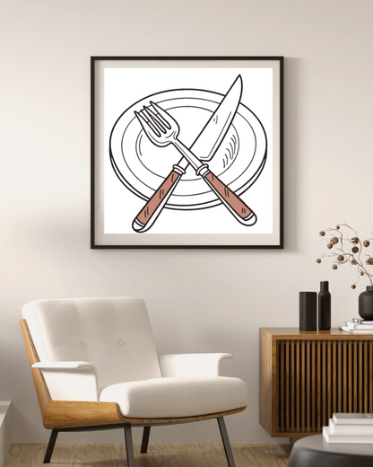 Cadre avec couverts sur assiette style doodle pour une déco cuisine originale