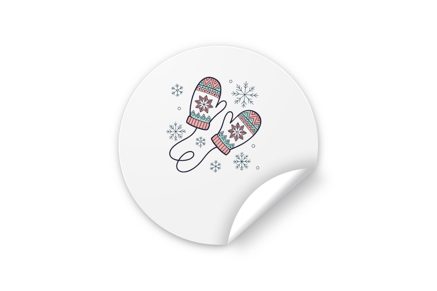 Sticker aux motifs de moufles rétro entourées de flocons pastel sur fond hivernal