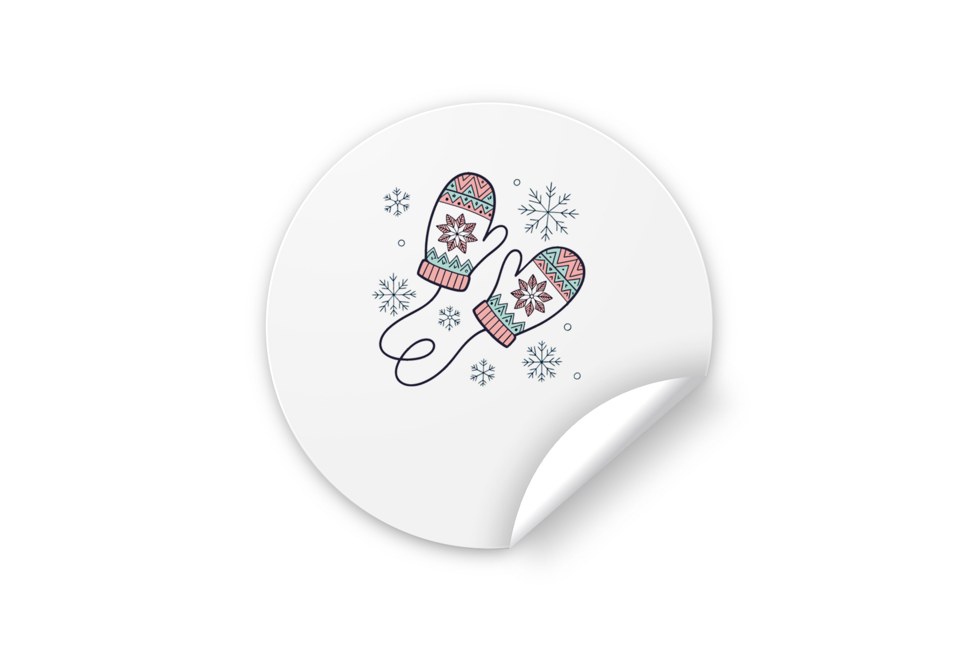 Sticker aux motifs de moufles rétro entourées de flocons pastel sur fond hivernal