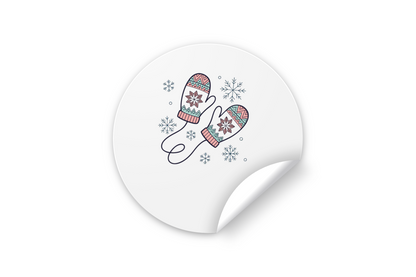 Sticker aux motifs de moufles rétro entourées de flocons pastel sur fond hivernal