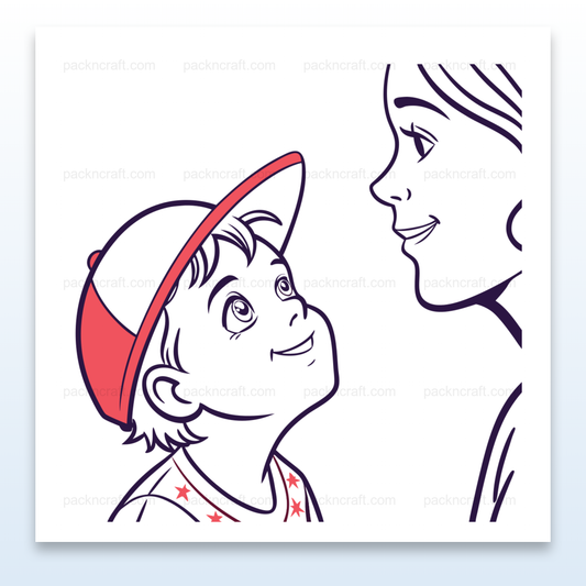 Illustration d'un enfant regardant sa maman avec émerveillement, fichier SVG idéal pour projets éducatifs et création.