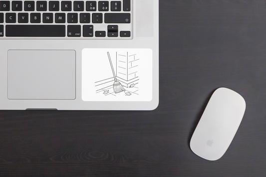 Sticker automnal épuré avec balai nettoyant feuilles sur fond minimaliste
