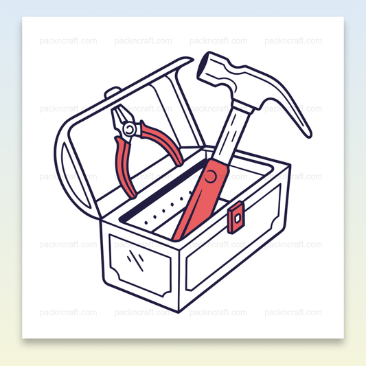 Illustration de boîte à outils ouverte avec marteau et pince, idéale pour les projets de bricolage., Boîte à outils ouverte en style rétro avec cadre, parfaite pour la décoration vintage., Élégante boîte à outils pour impression sur mugs, apportant une touche artisanale., Graphique de boîte à outils sur textile pour un style DIY original., Sticker de boîte à outils, excellent pour les projets créatifs et éducatifs.