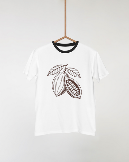 T-shirt décoré d'une cabosse de cacao éclatée en style vintage et gourmand