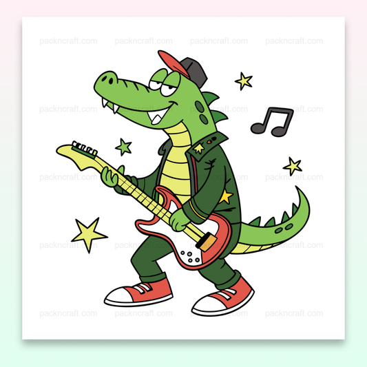 Illustration d'un crocodile rockeur avec guitare. Parfait pour déco et projets créatifs.