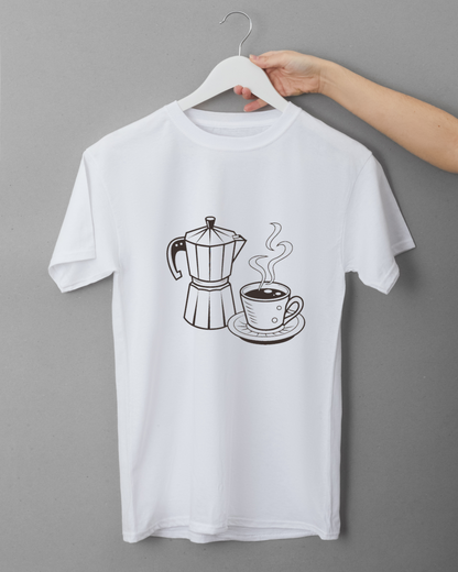 T-shirt avec cafetière italienne monochrome ajoutant une touche café rétro