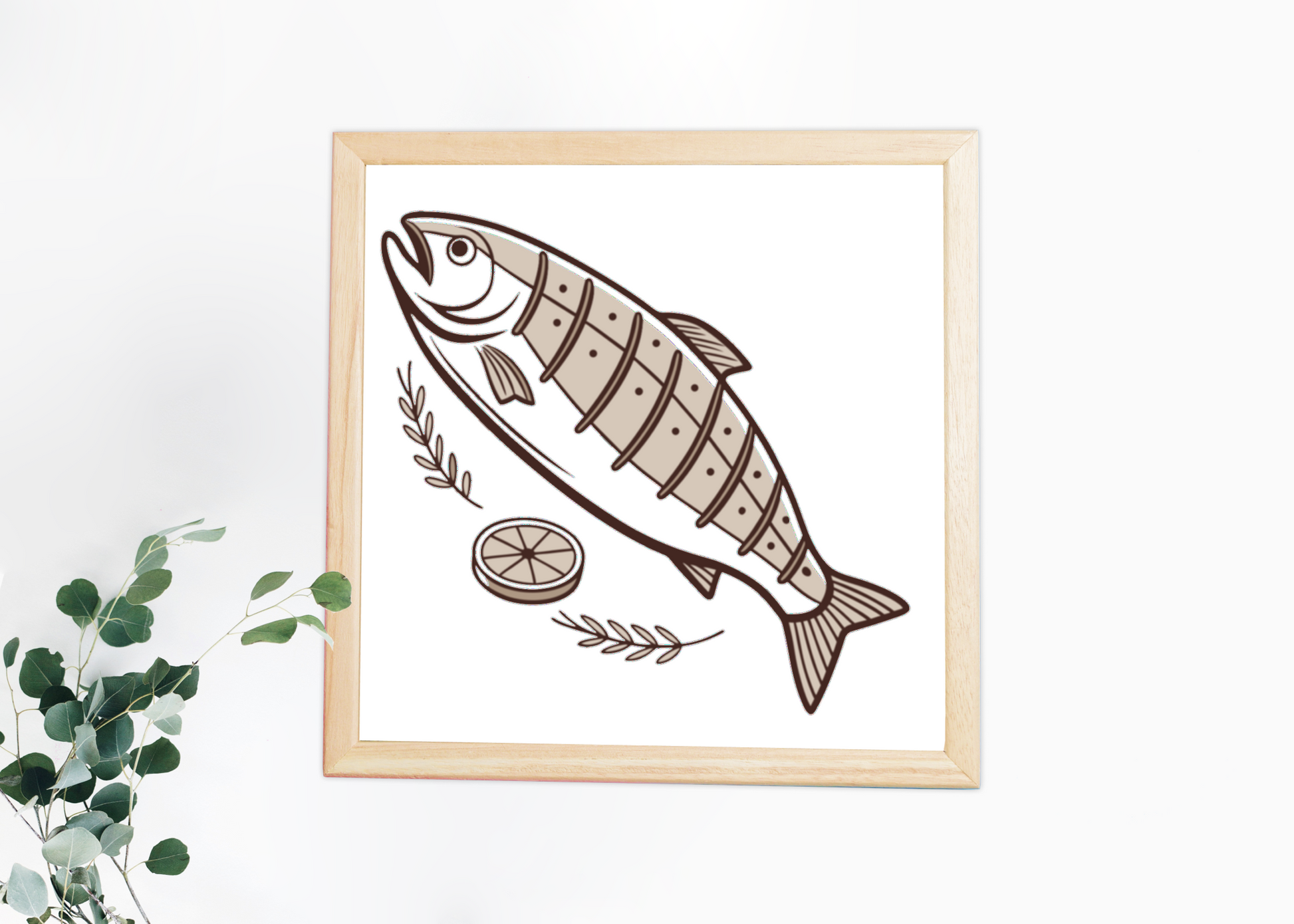 Cadre minimaliste avec icône de poisson grillé au citron, ambiance plein air