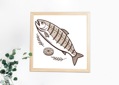 Cadre minimaliste avec icône de poisson grillé au citron, ambiance plein air