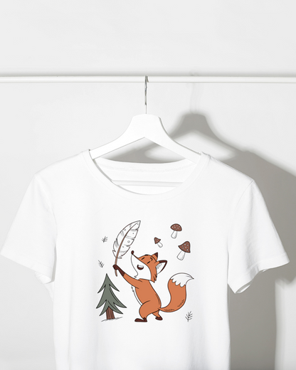 T-shirt renard joyeux style doodle avec motif de forêt et plume élégante