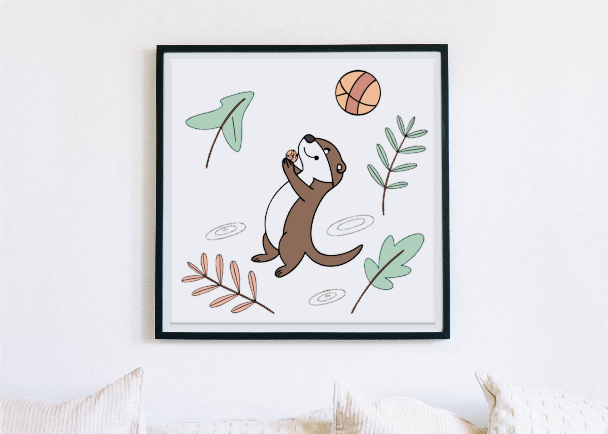 Cadre décoratif avec loutre joyeuse stylisée motif bois naturel