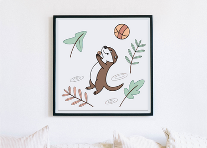 Cadre décoratif avec loutre joyeuse stylisée motif bois naturel