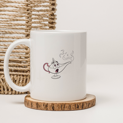 Mug avec dessin de lampe magique en style cartoon sur fond blanc enchanteur