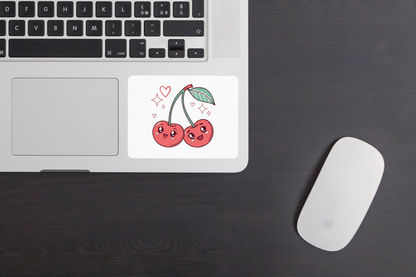 Sticker fruité rond avec cerises souriantes kawaii sur fond blanc chic