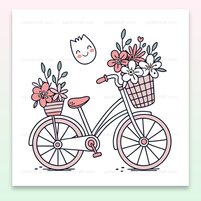 Illustration de vélo fleuri avec sourire en style pastel pour DIY et papeterie