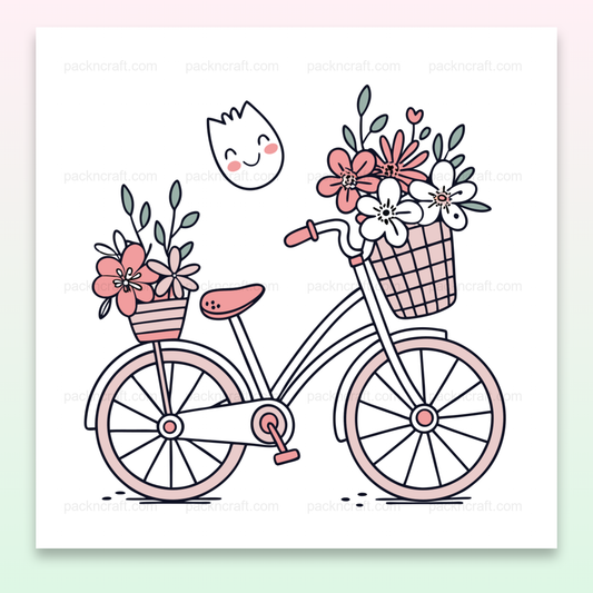Illustration de vélo fleuri avec sourire en style pastel pour DIY et papeterie