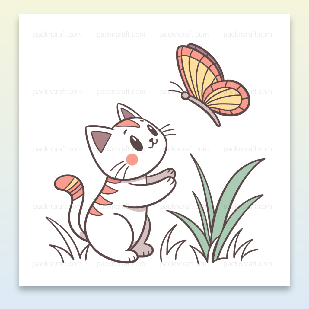 Illustration d'un chat émerveillé avec un papillon, idéale pour DIY et décoration