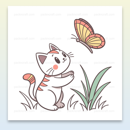 Illustration d'un chat émerveillé avec un papillon, idéale pour DIY et décoration