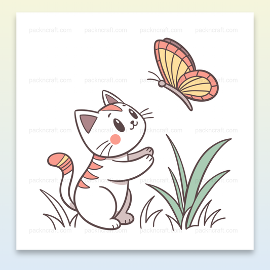 Illustration d'un chat émerveillé avec un papillon, idéale pour DIY et décoration