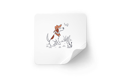 Sticker style dessin avec chien cowboy souriant pour aventure animale réussie