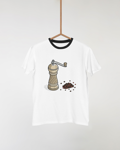 T-shirt orné d'un doodle élégant de moulin à poivre pour une cuisine créative