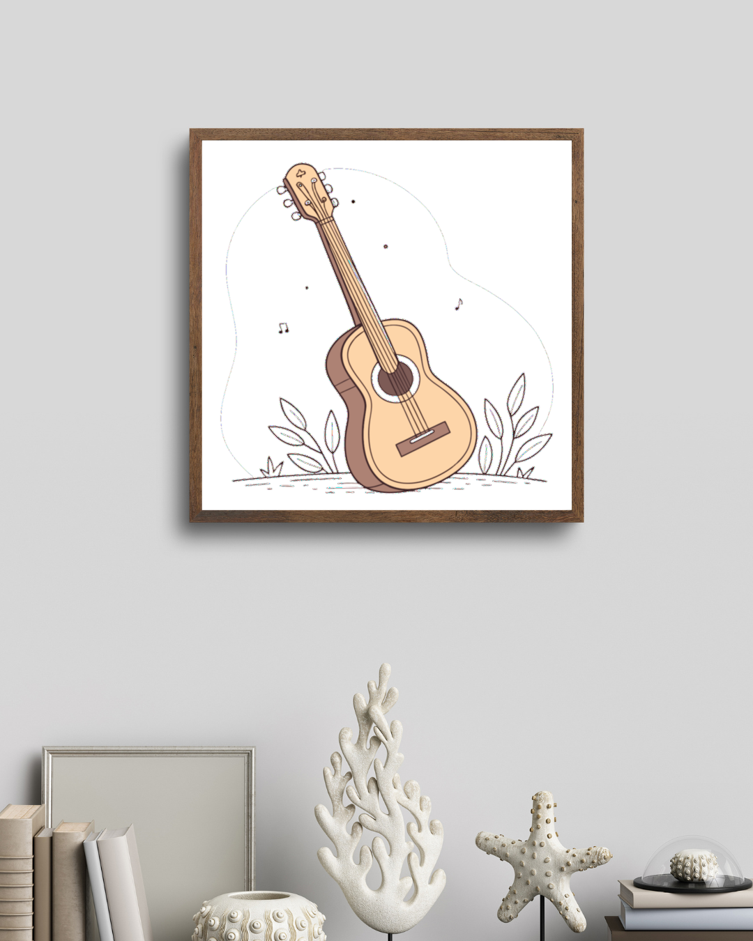 Cadre artistique avec guitare pastel sur fond musical