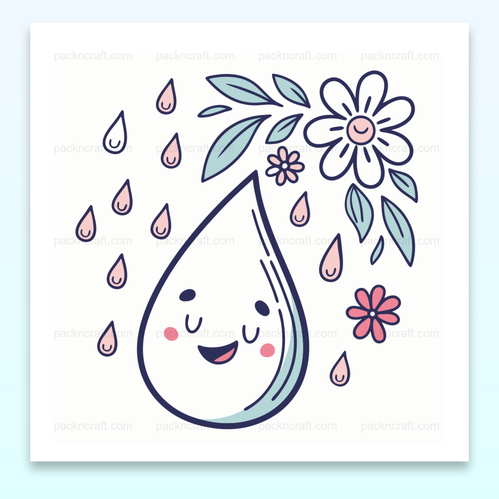 Illustration de goutte joyeuse entourée de fleurs pour projets DIY et papeterie.