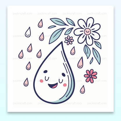 Illustration de goutte joyeuse entourée de fleurs pour projets DIY et papeterie.