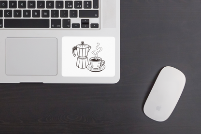 Sticker café rétro avec cafetière italienne et tasse en style monochrome