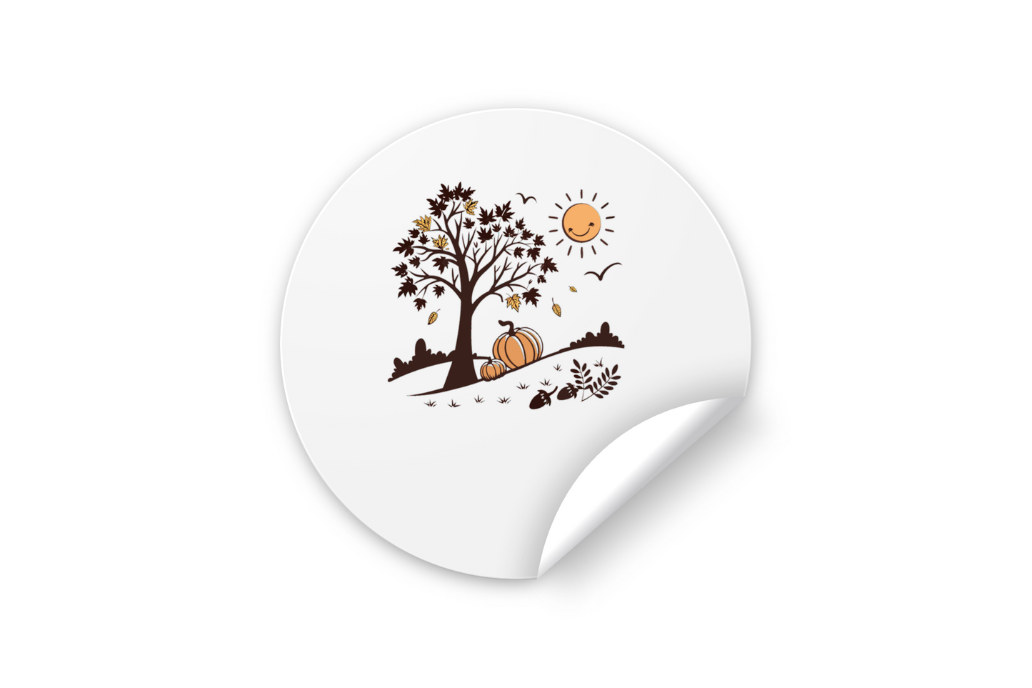 Sticker élégant avec arbre automnal et citrouilles joyeuses, thème automne vibrant