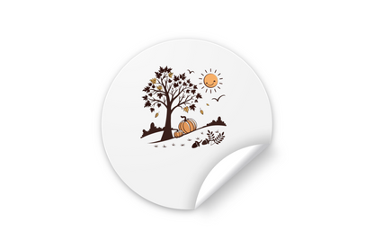 Sticker élégant avec arbre automnal et citrouilles joyeuses, thème automne vibrant