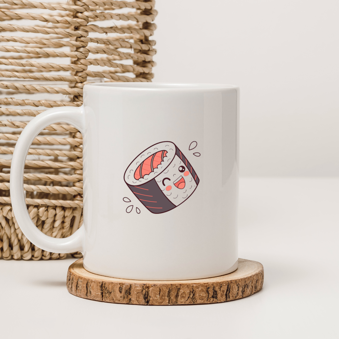 Mug affichant une icône kawaii de makizushi souriant dans un style gourmand
