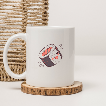 Mug affichant une icône kawaii de makizushi souriant dans un style gourmand