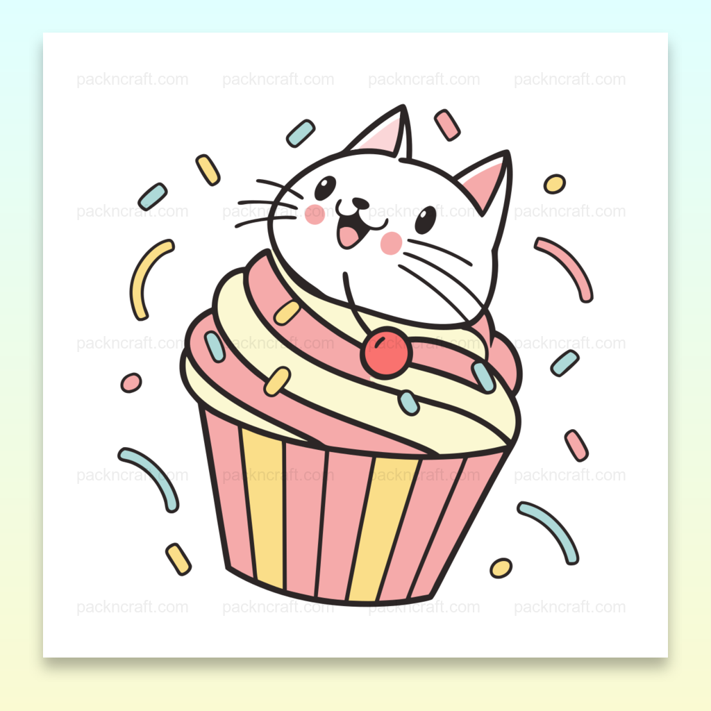 Illustration kawaii de chat joueur sur cupcake coloré, usage créatif et festif