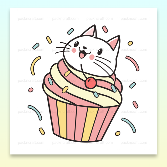 Illustration kawaii de chat joueur sur cupcake coloré, usage créatif et festif