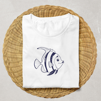 T-shirt affichant un poisson souriant minimaliste évoquant l'aventure marine