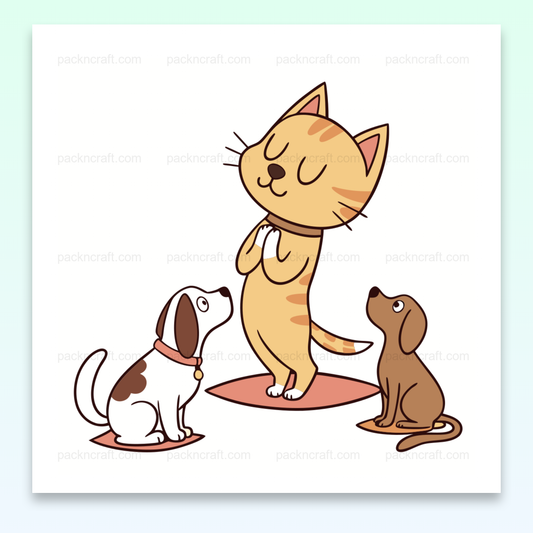 Chat méditatif en pastel entouré de chiens admiratifs, illustration SVG pour projets zen