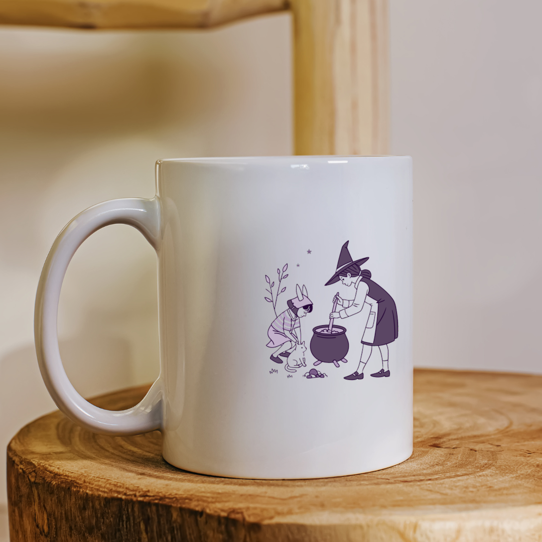 Mug avec icône vectorielle enfant sorcière pour une fête d'Halloween enchantée