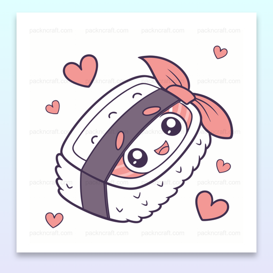 Illustration kawaii de sushi coquin avec des cœurs, idéale pour papeterie et décoration