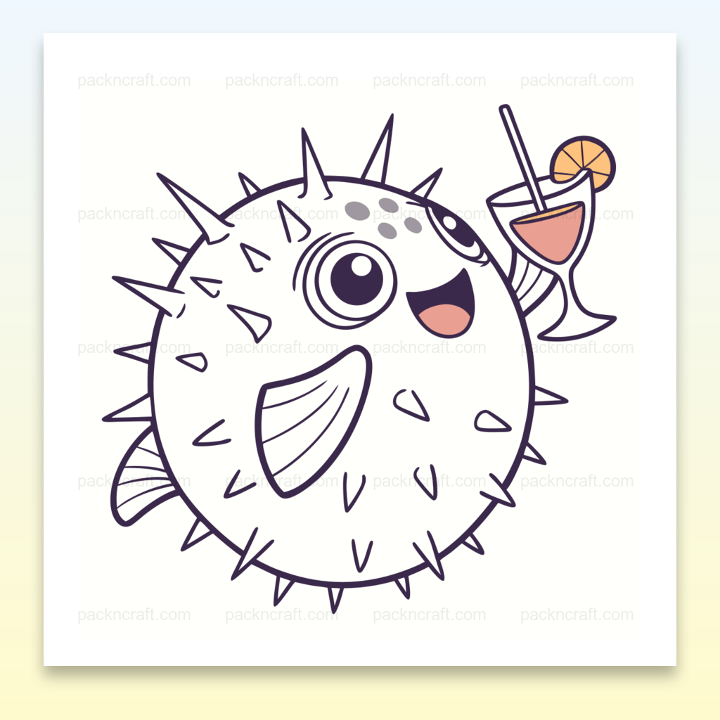 Illustration d'un poisson-globe joyeux avec un cocktail en style doodle, idéale pour décor et DIY