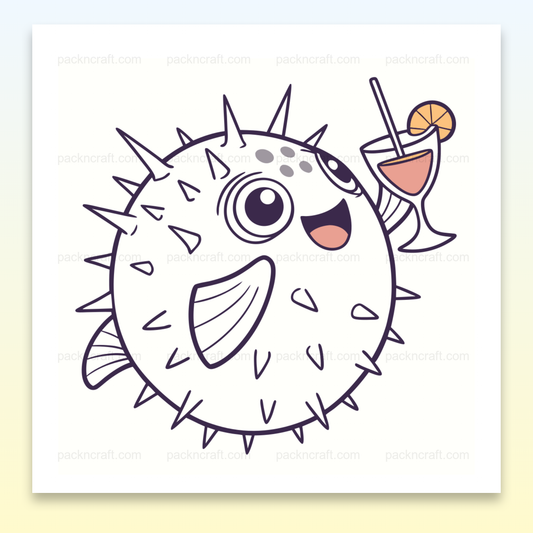 Illustration d'un poisson-globe joyeux avec un cocktail en style doodle, idéale pour décor et DIY