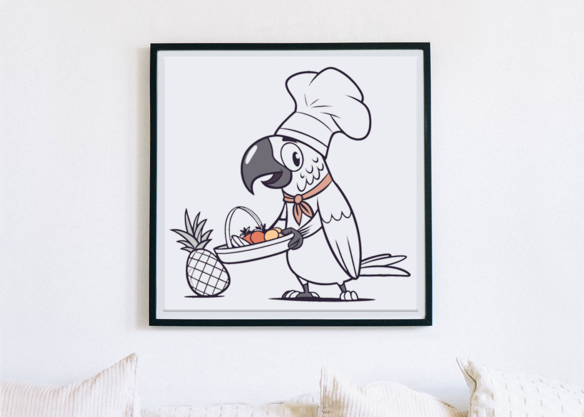 Cadre au design tropical avec perroquet chef tenant un panier de fruits colorés
