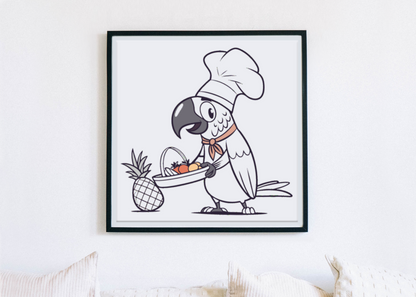 Cadre au design tropical avec perroquet chef tenant un panier de fruits colorés