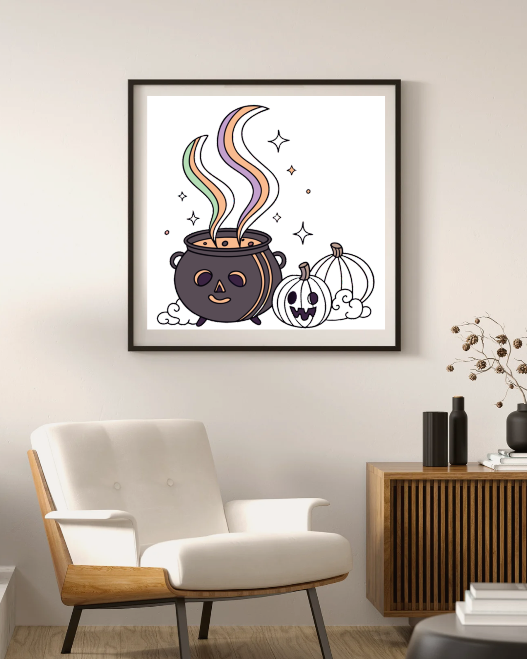 Cadre avec chaudron magique fumé illustré dans des tons pastel au style Halloween
