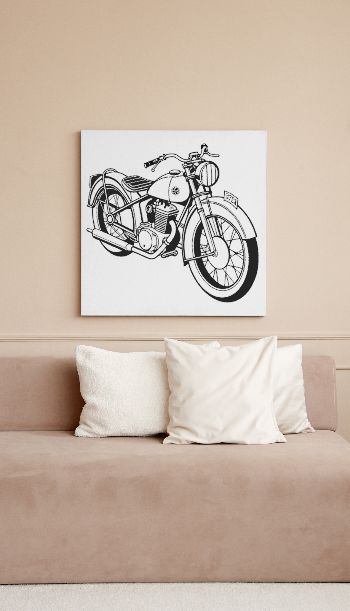 Illustration stylisée d'une moto rétro sur un mur intérieur