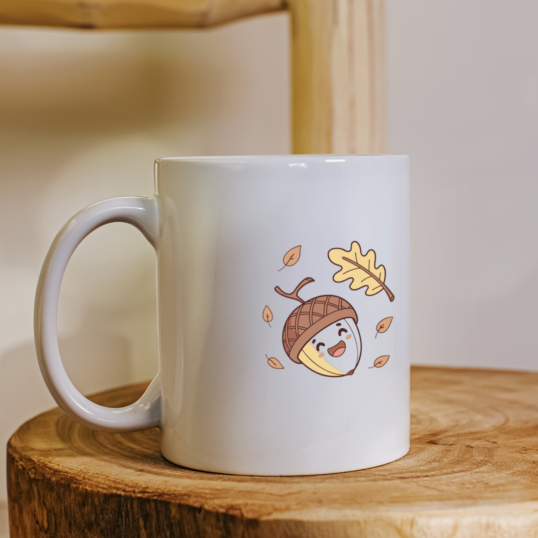 Mug avec un design automnal en pastel, gland rieur symétriquement disposé