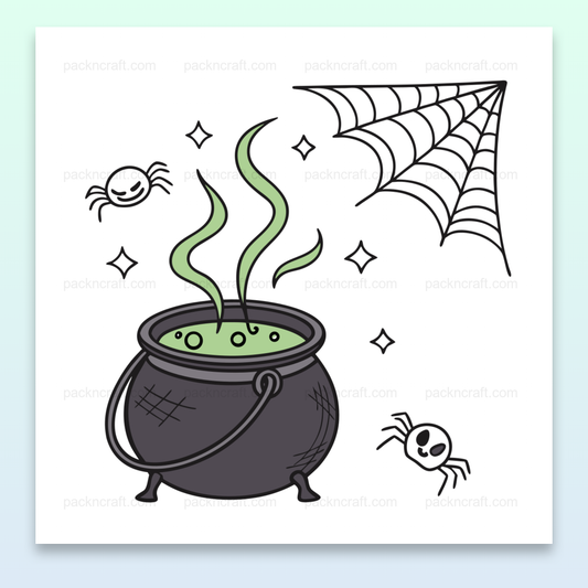 Chaudron bouillonnant mystique en style cartoon pour Halloween, idéal pour DIY et déco.