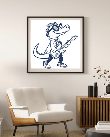 Cadre amusant avec crocodile musical style doodle, parfait pour ambiance festive