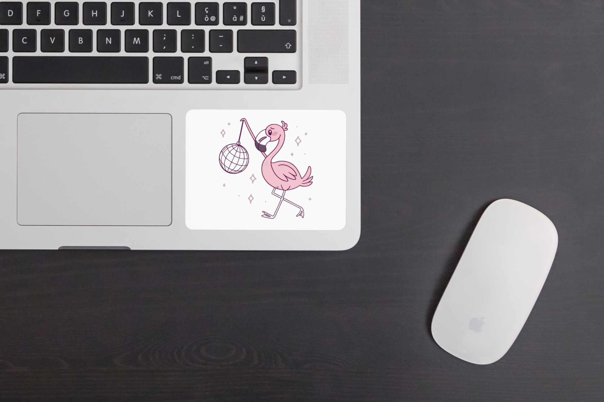 Sticker festif avec un flamant dansant et boule disco dans des tons pastel