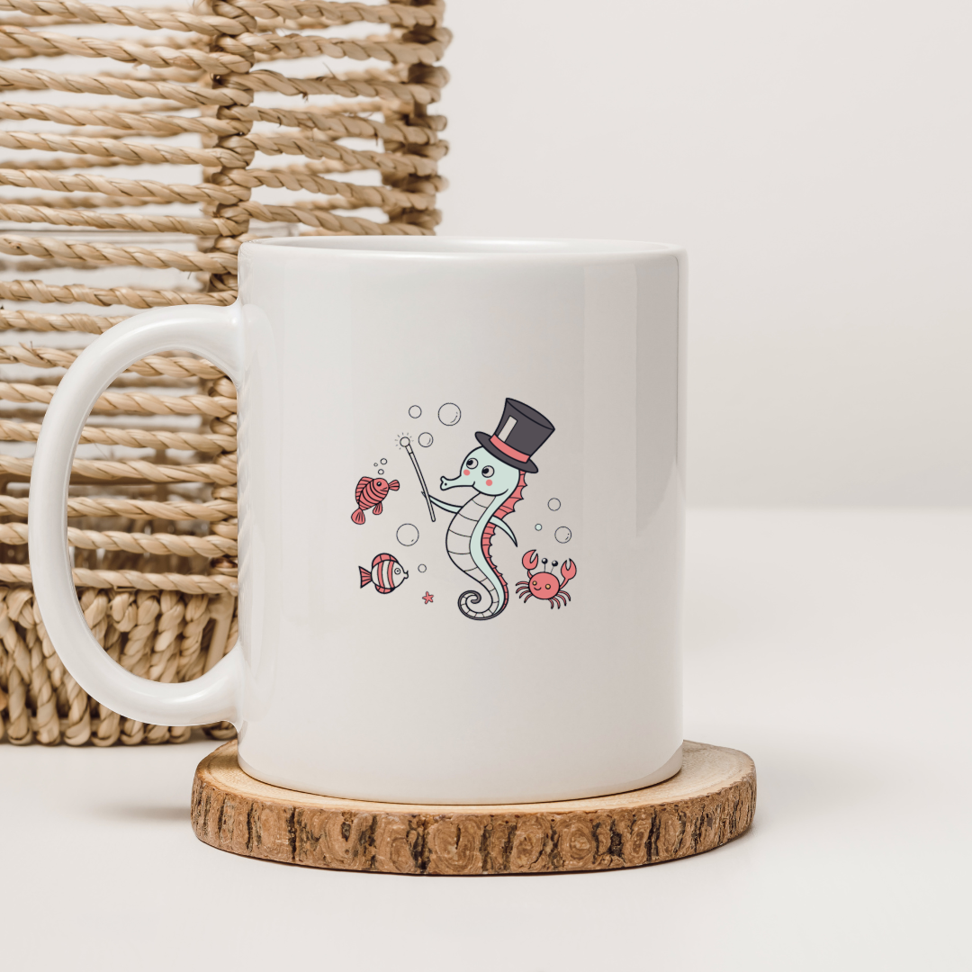Mug avec hippocampe magicien chaleureux en motif marin coloré et magique