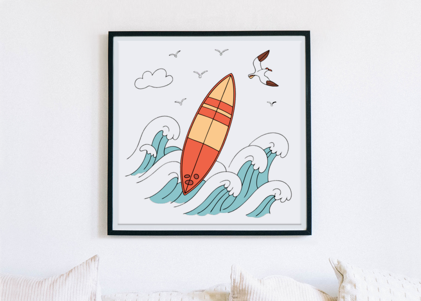 Cadre décoratif avec thème marin et icône surf pour une déco moderne